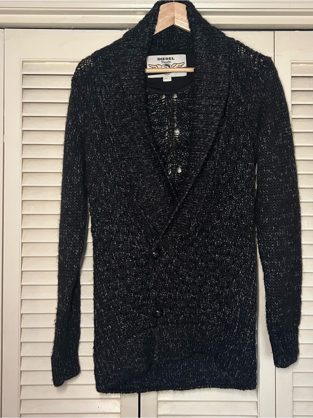 Vintage 90s Diesel Black Wool Knit Shawl Collar Cardigan Grunge Archive
